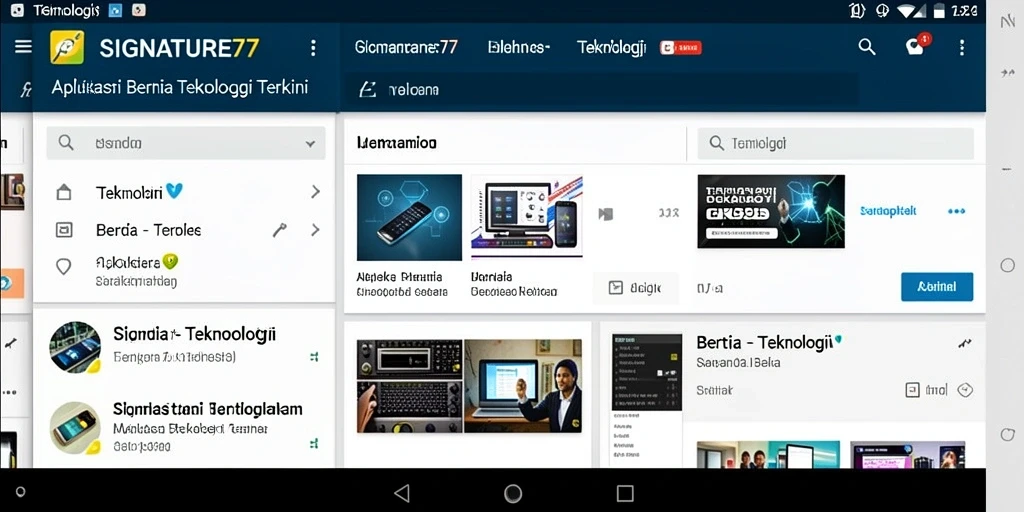 Tampilan antarmuka pengguna Aplikasi SIGNATURE77 untuk berita teknologi.