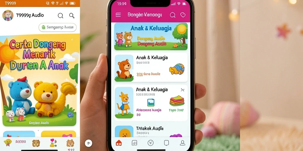 Screenshot antarmuka aplikasi T9999 yang menampilkan pilihan cerita dongeng audio.